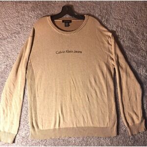 Calvin Klein Jeans Mens Sweater XL Beige Ribbed Crew Neck Knit Fall Minimalist
